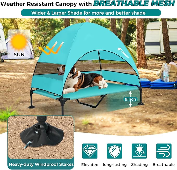 Outdoor Elevated Dog Bed with Canopy for Large Dogs, Blue, XL | Breathable Raised Cot with Shade, Tool-Free Setup for Patios, Backyards and Camping