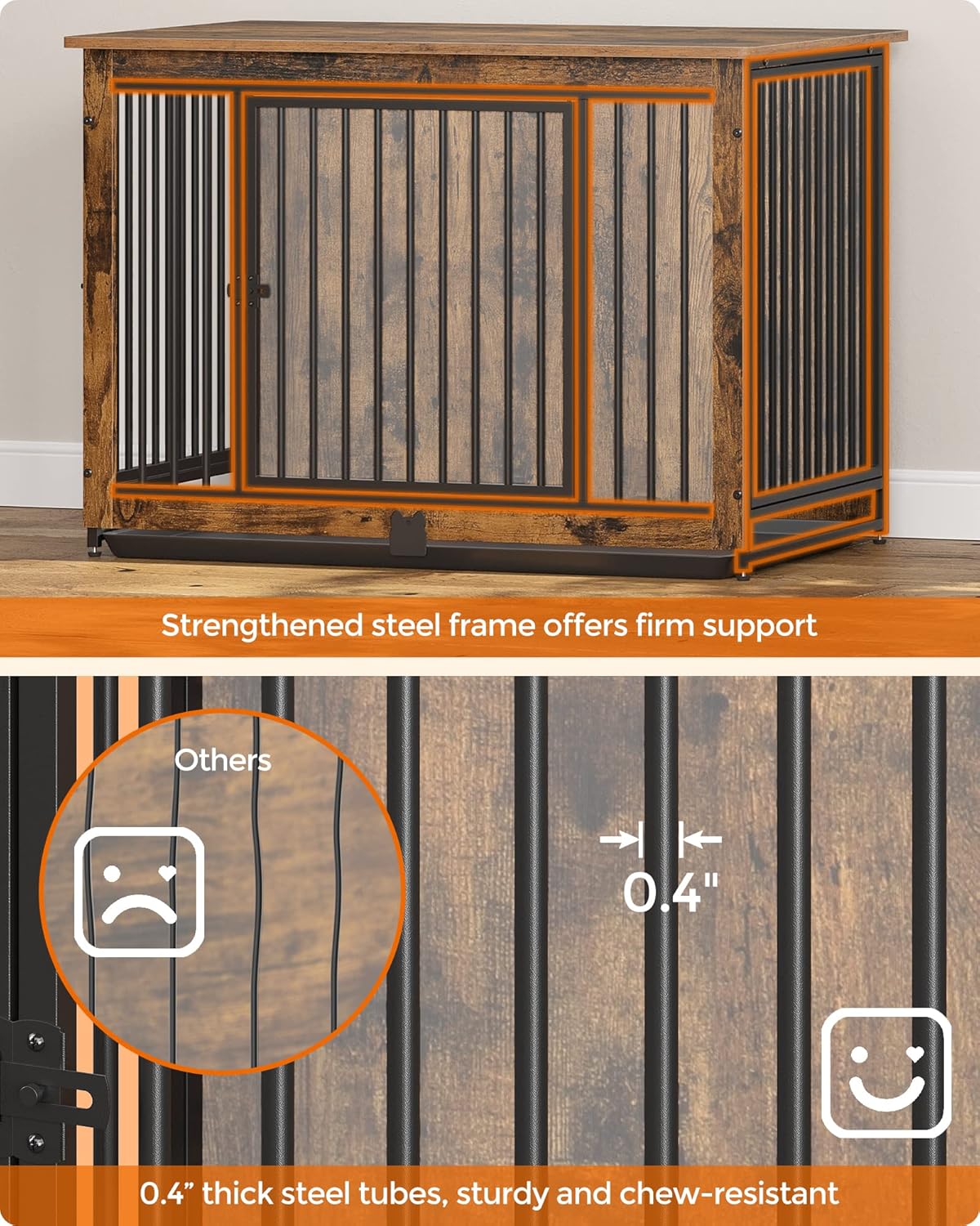 Feandrea Dog Crate Furniture, 38 Inches Dog Kennel for Dogs up to 70 lb, with Removable Tray, Heavy-Duty Dog Cage End Table, Double Doors Dog House, Rustic Brown UPFC013X01