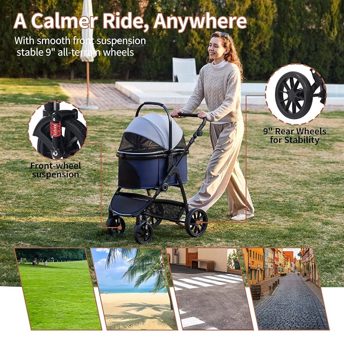 3-in-1 Pet Stroller for Medium Dogs & Cats, Detachable Aluminum Frame Carrier, All-Terrain 4-Wheel Dog Travel Carriage, Shock Absorption, Easy-Entry Low Door, Max 55lbs - Blue Grey