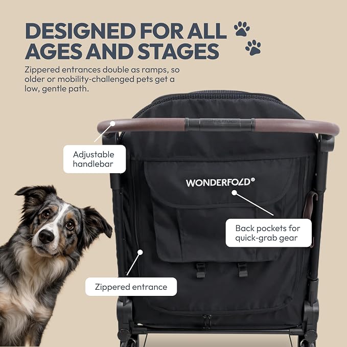 WonderFold Hudson Pet Stroller for Large Pets - Super FLATFOLD: Even the Wheels Fold in - Black, Large