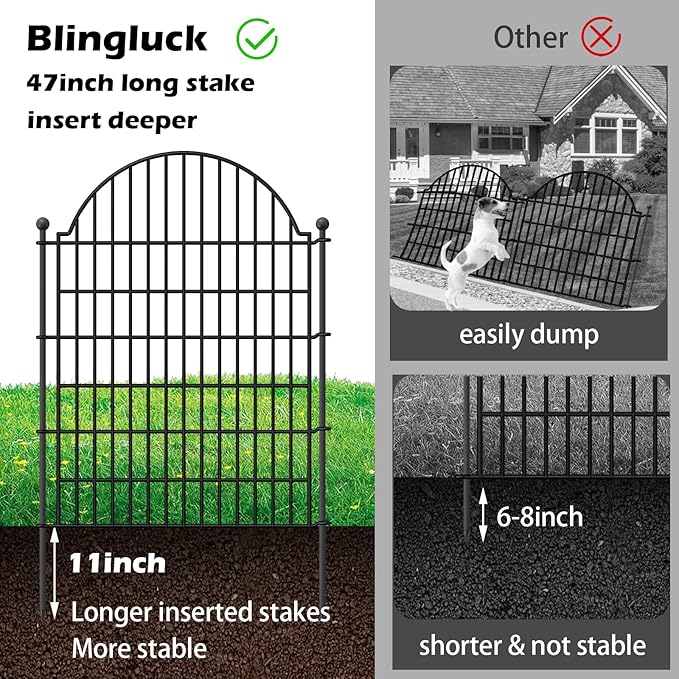 5 Panels Decorative Garden Fencing with Gate for Yard, 40in (H) x 11.8ft (L) No Dig Animal Barrier Fence, Rustproof Metal Wire Outdoor Dog Fences Panel Border with Temporary Ground Stakes