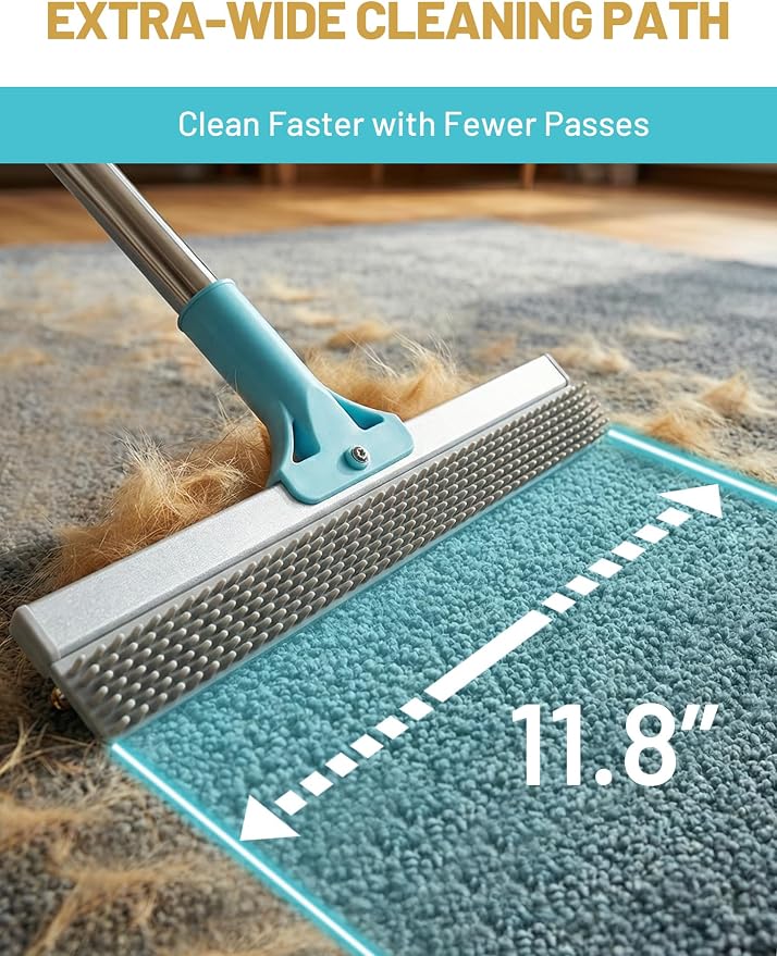 DELOMO Carpet Rake for Pet Hair Removal, Dual-Sided Rug Rake Scraper Broom | 54” Long Handle for No-Bend Cleaning, Metal + Short Silicone for Carpets & Rugs, Extended Silicone for Shag Rugs & Hard Floor