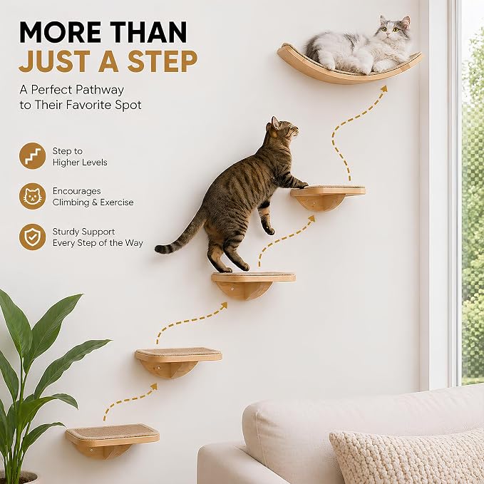 Wall Mounted Cat Steps 2 Pack – Square Wood Cats Shelves with Sisal Mat for Climbing, Jumping & Resting