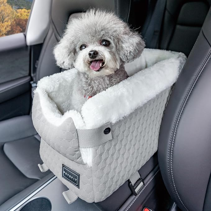 PETSFIT Small Dog Car Seat with Washable Cushion, Soft Pillow, Safety Leash | Dual Seat-rail Hooks with Adjustable Straps Help Reduce Shifting, Console Dog Car Seat for pets Under 8 lbs, Light Grey