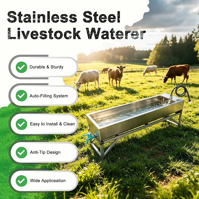 Automatic Livestock Waterer Drinking Trough Large Dog Water Bowl Dispenser 12 Gallon Stainless Steel with Float Valve for Cattle Chicken Goat Horse Pigs Poultry Outdoor Animals