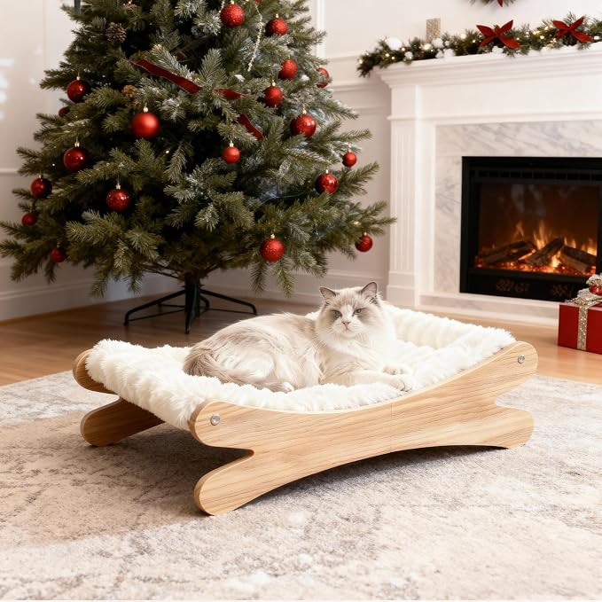 Plush Elevated Cat Bed - Cozy Raised Cat Hammock with Solid Wood Frame, Soft Furry Cushion for Indoor Cats & Small Dogs, Multi-Color Options(White)