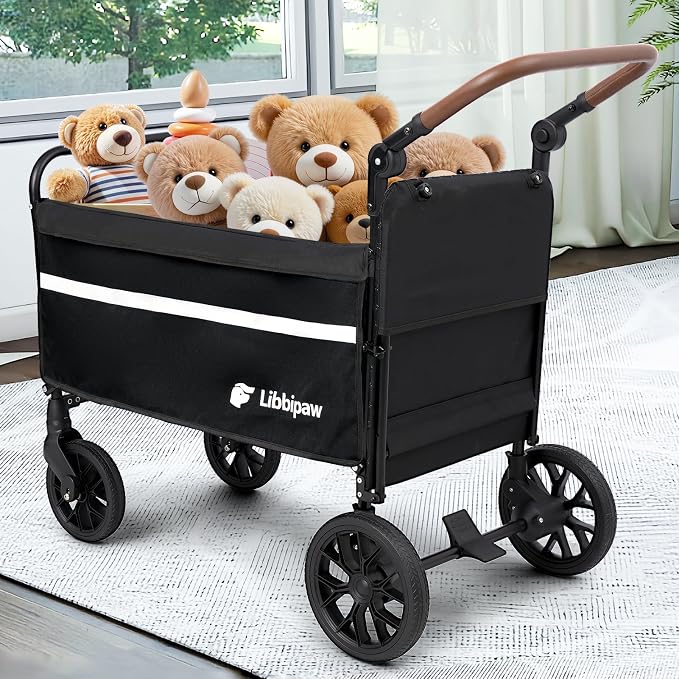 LUFFWELL Foldable Dog Wagon with Ramp, Medium & Large Dogs, Black | All-terrain wheels, One-step brake, Adjustable handle, Side pockets, 200 lb capacity