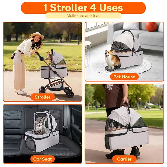 3-in-1 Foldable Pet Stroller for Small Dogs & Cats - Detachable Carrier, Car Safe Car Seat, Large Storage Basket (Grey)