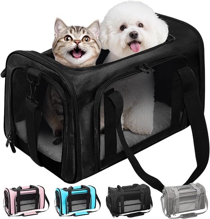 Soft-Sided Cat Carrier Expandable Pet Carrier Airline Approved Mesh Travel Carrier Up to 22lbs for Cats Small Dogs Collapsible Escape-Proof with Shoulder Strap Washable (20x13x13 Black)