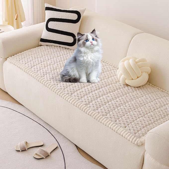 OTOB All Seasons Couch Covers for 3 Cushion Sofa Pet Friendly, Non Slip Plush Fuzzy Sofa Covers Washable, Soft Cozy Sofa Slipcovers Dog Bed Mat Furniture Protector (Cream, 27.6" x 82.7")