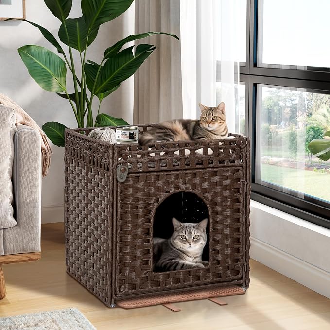 Handwoven Rattan Cat Litter Box Enclosure Furniture - Hidden Cabinet with Odor-Control Mat, Anti-Spill Fence & Secure S-Hooks for Living Room/Bedroom, 18.2"x18.2"x24.5" (Brown)