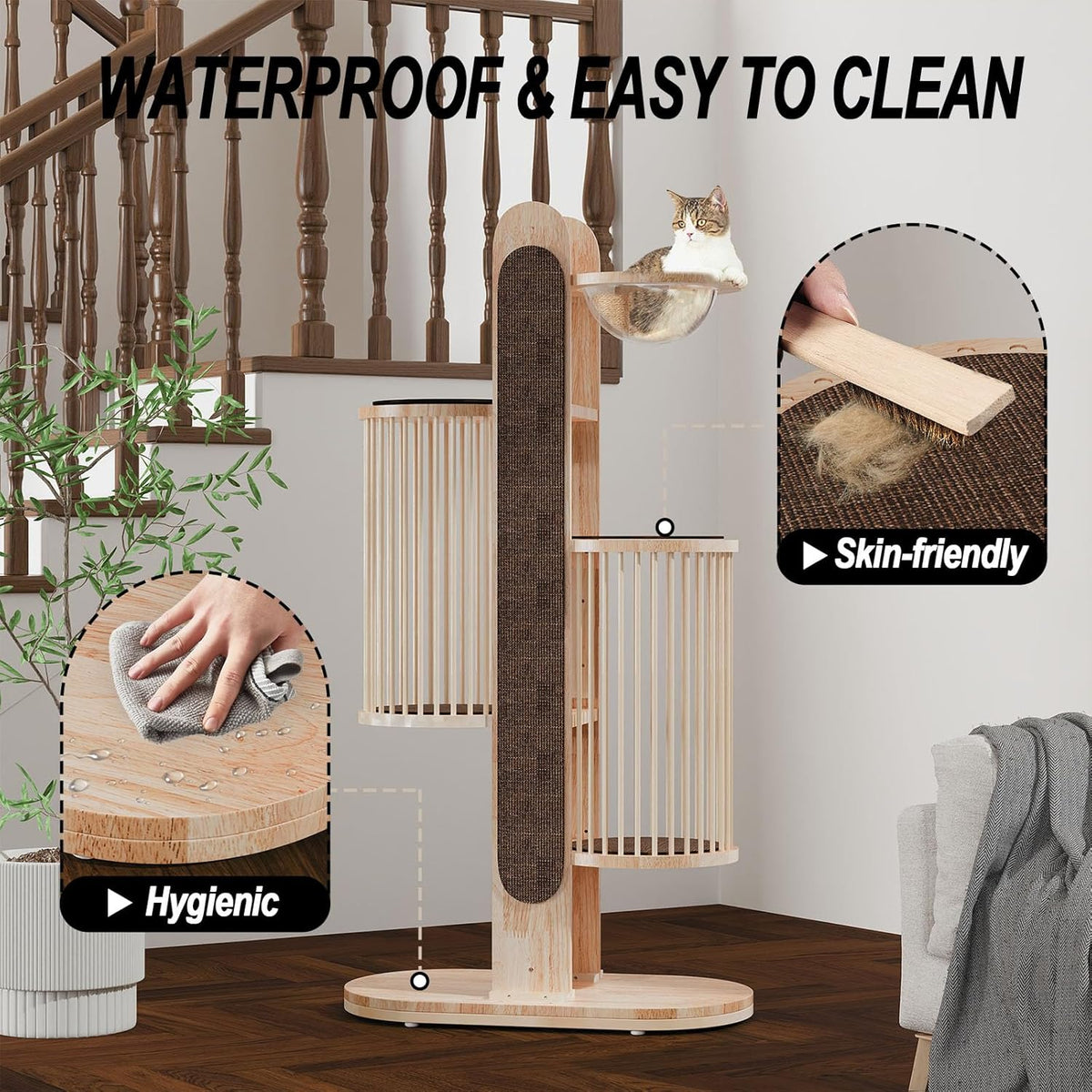 Modern Cat Tree Tower for Indoor Cats, 67" Tall Solid Wooden Cat Tower with Scratching Posts, 6 Level Natural Luxury Cat House with Big Bed, Washable Cushions Cat Furniture for Large Cats White Brown