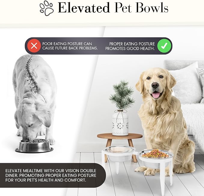 Vision Elevated Double Diner - 10" White - Metal Dog Bowl Stand for Large and XL Dogs, Raised Feeder Station, Wrought Iron, Outdoor/Indoor Pet Bowl, Best for Tall Dogs, Dog Feeding Station