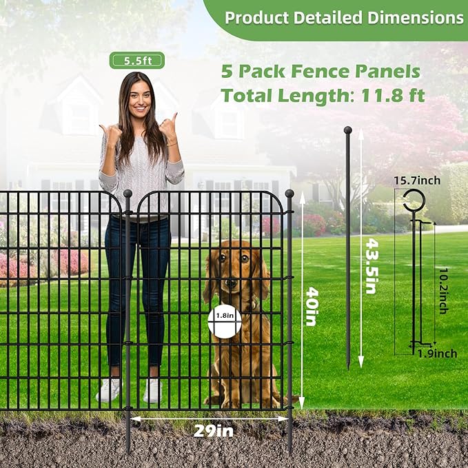 5 Panels No Dig Decorative Garden Fence with Gate for Yard, Total 11.8 ft(L) X 40 in(H) Animal Barrier Fencing for Dog, Patio Rustproof Metal Wire Panel Border, Temporary Tall Fence with Ground Stakes