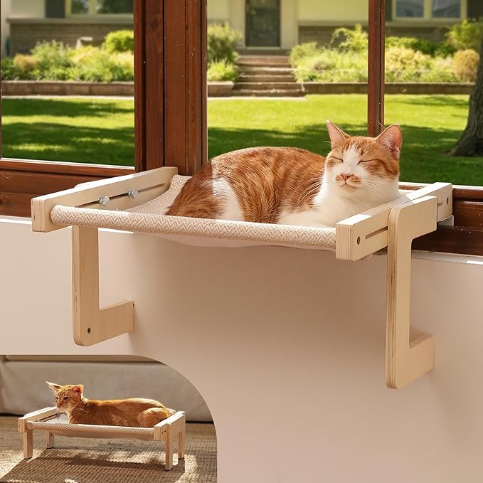 FUKUMARU Cat Window Perch, Sturdy Wood Hammock Window Bed for Indoor Cats | 3-in-1 Convertible Cat Bed for Windowsill, Bedside & Floor, Reinforced Metal Frame Hammock with Washable Linen Fabric