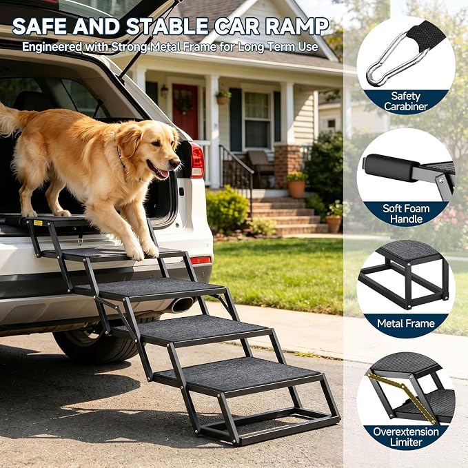 Dog Ramp for Car, Foldable Dog Steps for Car with Non-Slip Surface, Dogs Stairs for Cars, High Beds, Truck, Supports up to 250lbs, 5 Steps