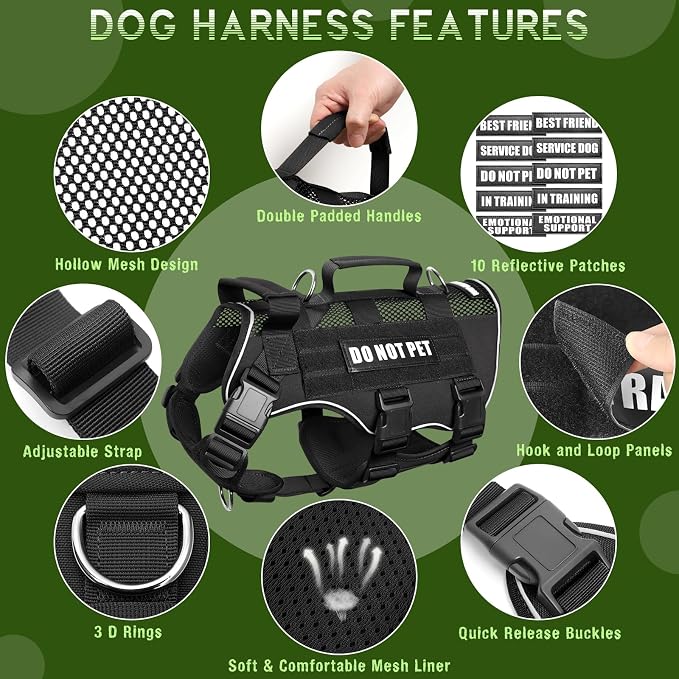 Tactical Molle Vest Mesh Dog Harness with 10 Removale Pet Patches | Breathable Service Dog harness with Double Soft Padded Handle for Medium Dog, Reflective Military Pet Vest for Walk Hiking