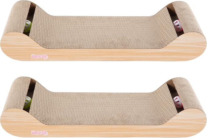 Rini 23.75" Modern Cardboard Cat Scratcher Lounge Bed with Built-in Bell Toys and Catnip, Ergonomic Curved Sofa Design, Oak Wood Finish, Set of 2 CSR1003C-SET2