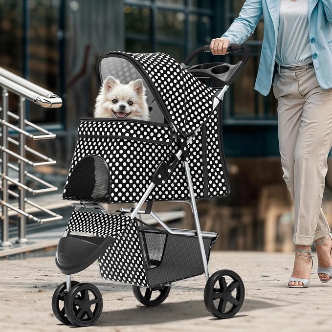 Magshion 3-Wheel Pet Stroller, Foldable Travel Jogger for Small & Medium Dogs & Cats (Up to 33lbs), Lightweight Carrier with Breathable Mesh Cover, Cup Holder & Storage Basket, Black Polka Dots