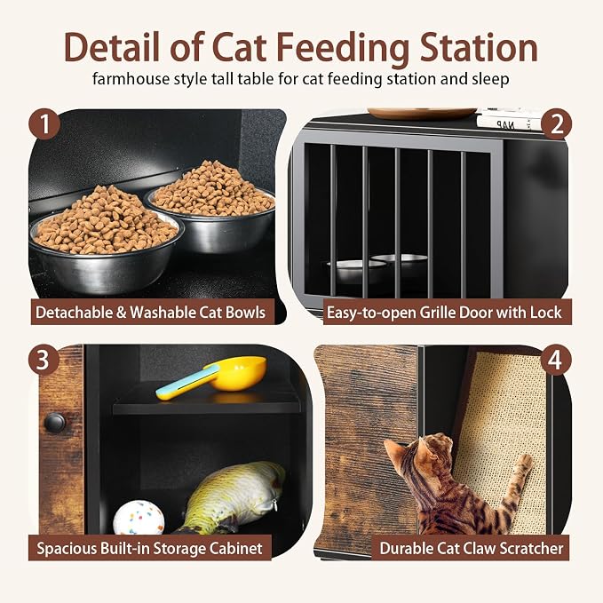 Dog Proof Cat Feeder Station – Elevated Feeding Table with Stainless Steel Bowls, Scratching Board & Storage Locker, Anti-Dog, Sturdy, Easy Assembly, Outdoor Wood Furniture