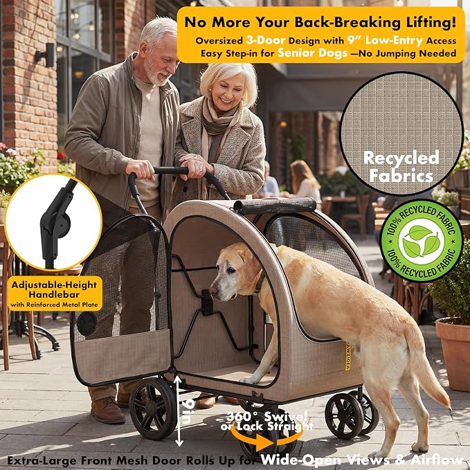 PAWZIDEA 3-in-1 Large Dog Stroller with Detachable Carrier up 100lbs, Foldable Dog Crate for Car Travel, All-Terrain Pet Stroller for 2 Medium Dogs, Jogger Wheels, Adjustable Handle, Stroage Organizer