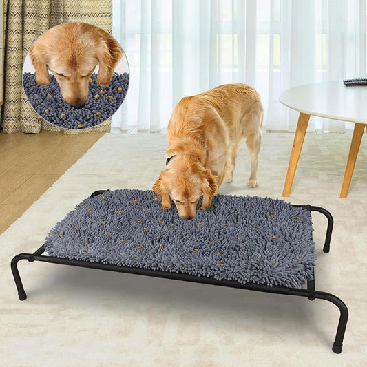 Rundik Elevated Dog Bed with Snuffle Mat Feature 2 in 1, Raised Dog Bed for Indoor and Outdoor Use Portable Warm Pet Cot with Puzzle Feeding Game for Slow Eating, Suitable for Small Medium Large Dogs