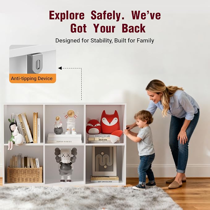 Book Shelf, Wooden Cube Storage Organizer with 11" Open Cubes, Stackable Modular Bookcase for Room Divider Storage, 2 Tier Bookshelf for Living Room, Bedroom, Office (White, 6-Cube)