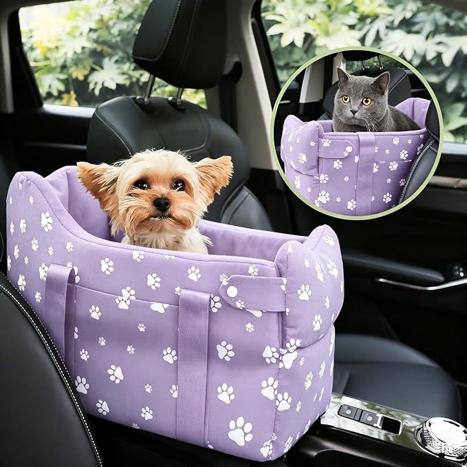 Center Console Dog Car Seat Safe Travel for Small Dogs Under 15 lbs Detachable Washable Pet Carrier with Storage Pockets & Safety Leash (Purple)