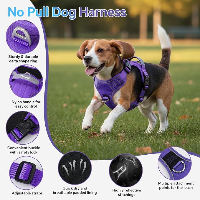 Heavy Duty Tactical Dog Harness for Medium Dogs, No Pull Dog Harness with Handle & Front Clip, Reflective Soft Padded, Hook and Loop Panel, Dog Vest for Walking, Service Training, Purple