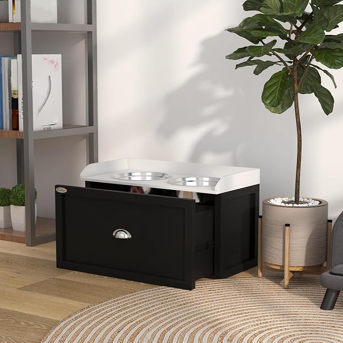 PawHut Dog Feeding Station with Storage Drawer, Elevated Dog Bowls for Large Dogs, White and Black | 2 Removable Elevated Pet Bowls, for Large Sized Breeds
