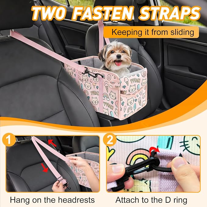 Console Dog Car Seat for Small Dogs, Foldable Booster Seat, Pink Kitten | Portable Booster Seat Sits On Car Console/ Armrest. Foldable for Easy Storage. for Center Console, Easy To Clean.
