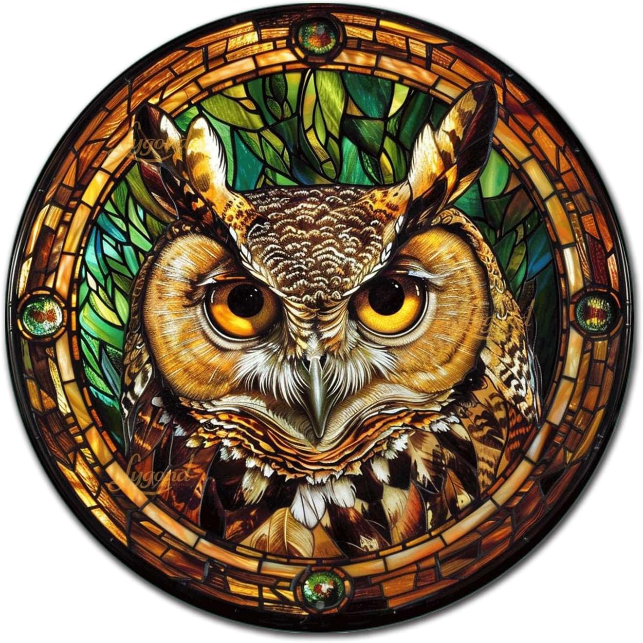 Lygond Metal Tin Sign - Circular Stained Glass Owl - 88 Inches for Garage