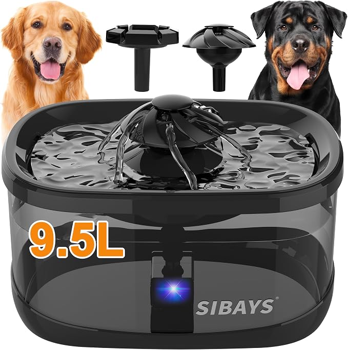 SIBAYS 9.5L/2.5Gal Dog Water Fountain, 3 Flow Modes Automatic Pet Water Fountain with LED Light & Water Shortage Reminder, Ultra Quiet Dog Water Bowl Dispenser for Large Dogs & Multi-Pet (FS82, Black)