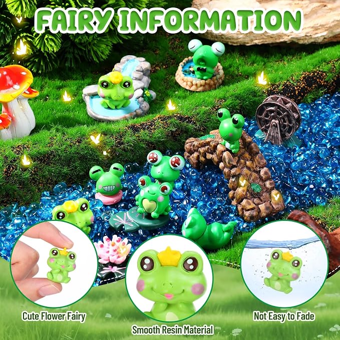 24 Pcs Mini Resin Frog Figures Miniature Fairy Garden Accessories Mushroom Pond Bridge Lighthouse Figures Water Well Fake Lawn Figurines Decoration for DIY Craft Plant Pot Garden Decor