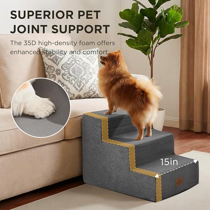 Joydeco Dog Stairs for Bed 15" H, 3-Step Pet Steps for Small Dogs and Cats, Dog Steps for High Bed, Non-Slip Balanced Ramp Indoor Pet Stairs, Gray
