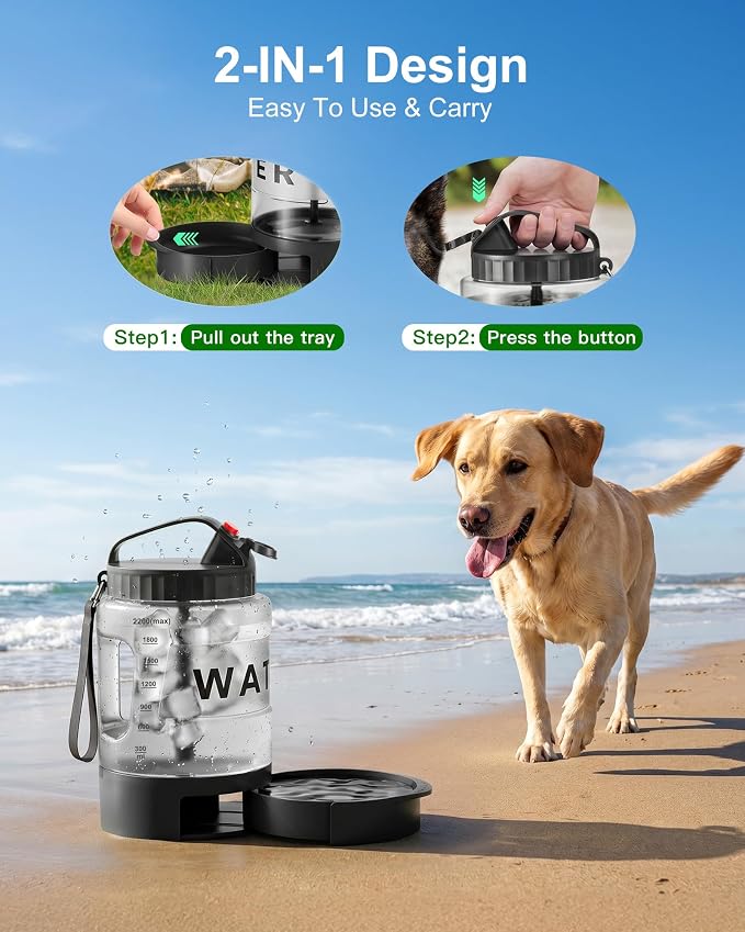 77oz Portable Dog Water Bottle, Camping Essentials, Large Travel Bottle with Pull-Out Drinking Bowl, Portable Beach Accessories, Car Water Container for Dogs, BPA Free - Black