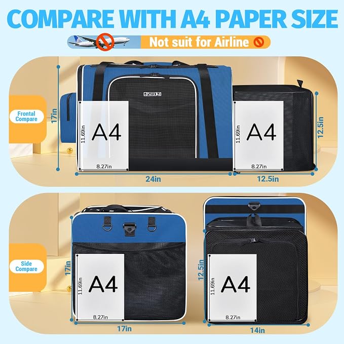 Petskd Side Expandable Extra Large Cat Carrier with Litter Box Area, 24"x17"x17" Soft-Sided Pet Carrier for 2 Cats Under 55 lbs with Zipper Locks for Car Travel(Prussian Blue)