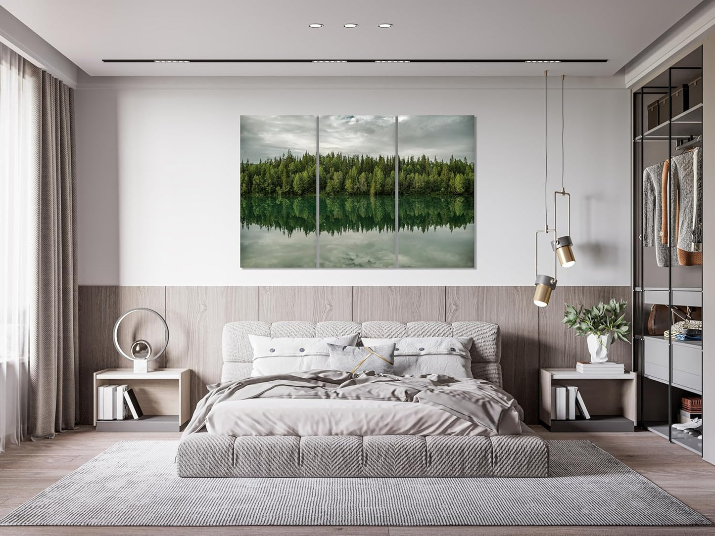 Nature Wall Art Prints - Ocean Forest Mountain Lake Canvas Landscapes - Small to Extra Large Living Room Bedroom Kitchen Bathroom Décor (Forest Reflection, 35L" x 53W" - 3 Panels)