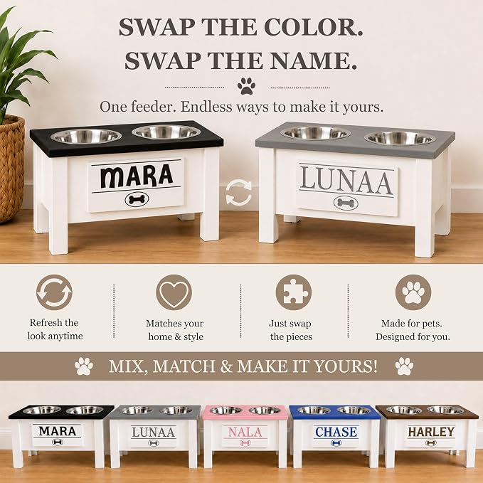 Elevated Dog Bowls for Small Dogs, Personalized Food Stand for Small Breed | Farmhouse Style, Elevated Wood Stand, Storage Container, Stainless Steel Bowls, Raised Anti-Slip Feeder, Made in USA