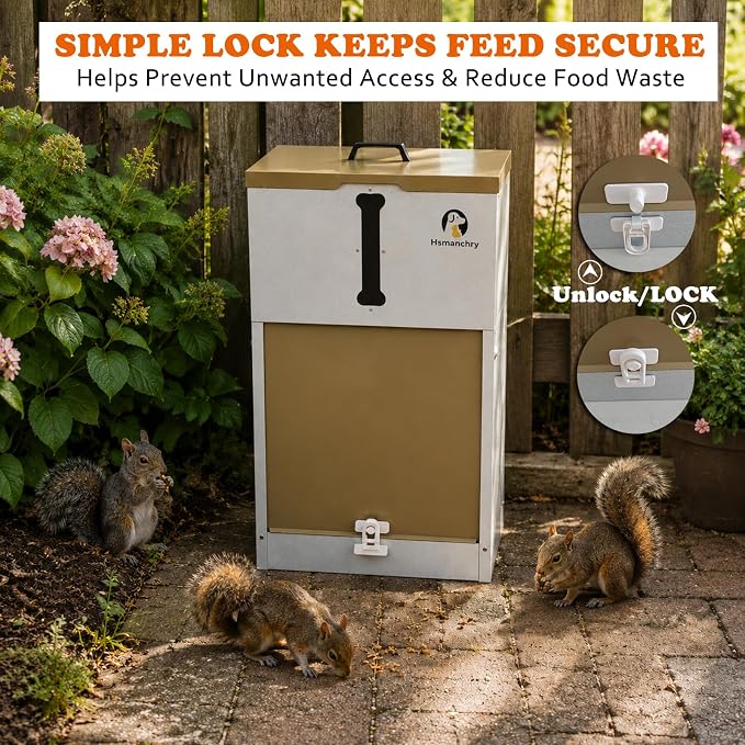 60 lb Automatic Dog Feeder Outdoor Gravity Feeder for Large Dogs | Easy food-level checks, simple latch closure, wall or fence mounting, champagne-gold finish
