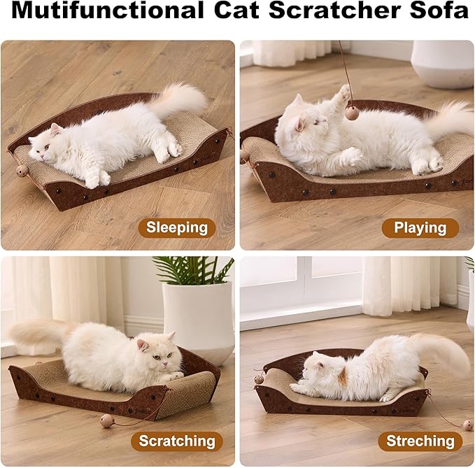 ZOMISIA 26'' Cardboard Cat Scratcher Bed - Large Scratcher Couch for Indoor Cats, Orthopedic Scratching Board, Lounger Scratching Couch with Bells