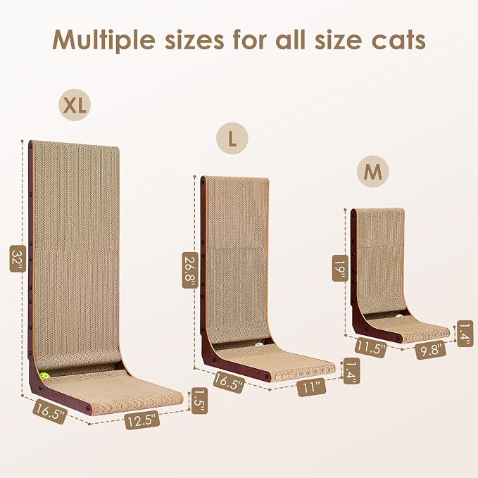 EHEYCIGA Cardboard Cat Scratcher for Indoor Cats, 26.8 Inch L Shaped Vertical Cat Scratching Board with Ball Cat Toy, Large Cat Scratcher Pad, Dark Brown