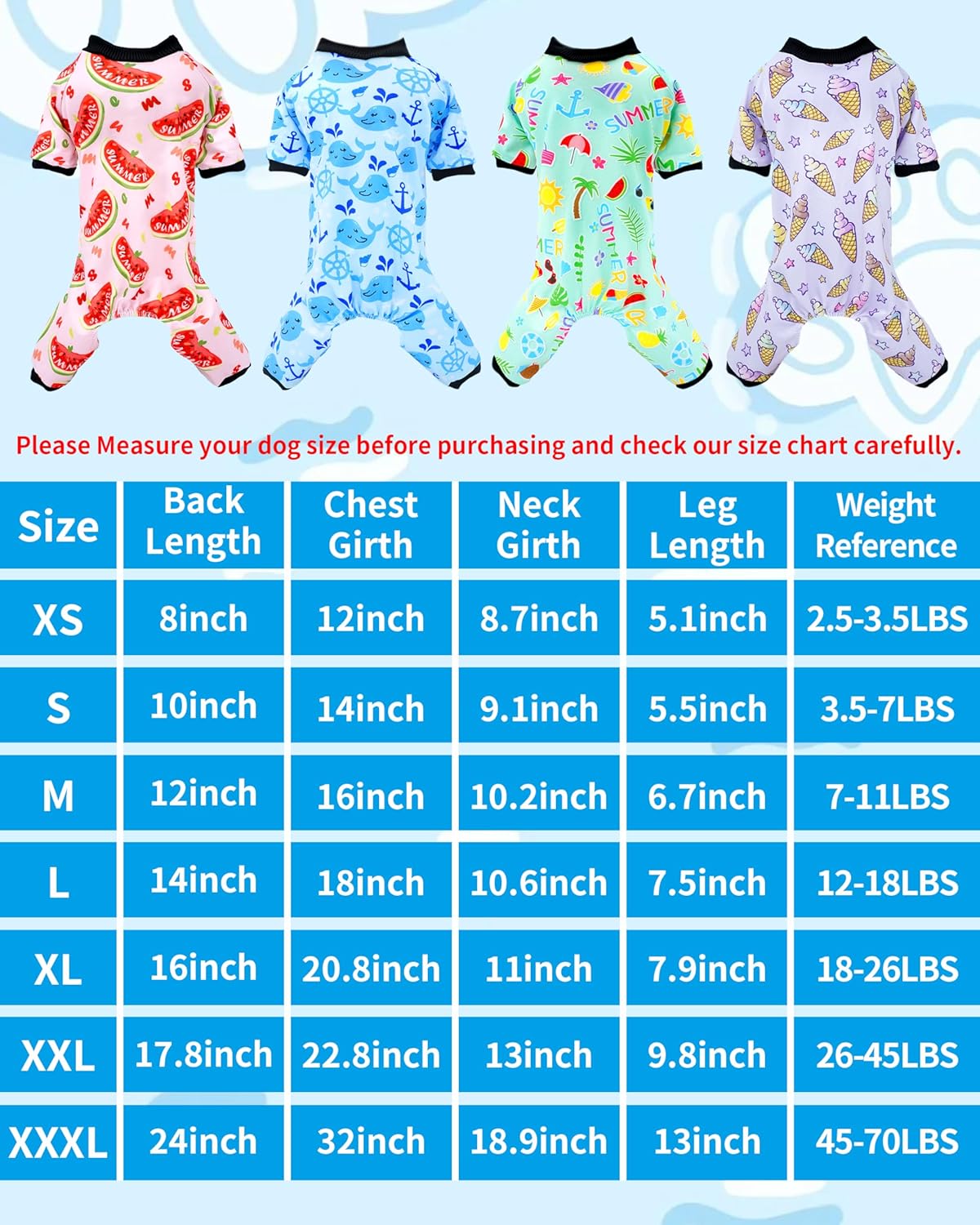PET SHOW 4 Pack Dog Pajamas for Medium Large Dogs Girl Boy Watermelon Soft Stretchy PJs Whale Ice Cream Jumpsuit Dog Floral Onesies Outfits with Sleeve Pets Breathable Summer Clothes Costume XXL