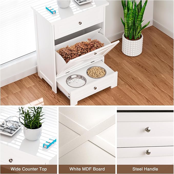 Dog Feeding Station with 2 Elevated Bowls,Hidden Pet Feeder Station with Tilt Out Dog Food Storage Cabinet,Dog & Cat Storage Organizer with Drawer,White
