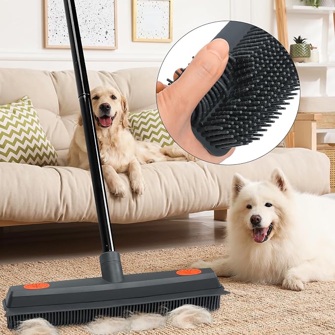 MAVRIZ Pet Hair Removal Broom on Carpet, Rubber Broom for Hardwood Floor - Fur Remover Broom with Squeegee