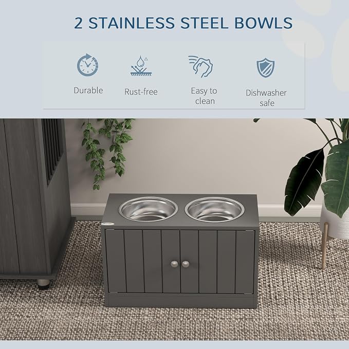 Dog Feeding Station with Storage - Large Dog Bowl Cabinet | Gray, Wood and Metal, 23.5 x 11.75 x 14 In, 44L Storage, 2 Stainless Steel Bowls