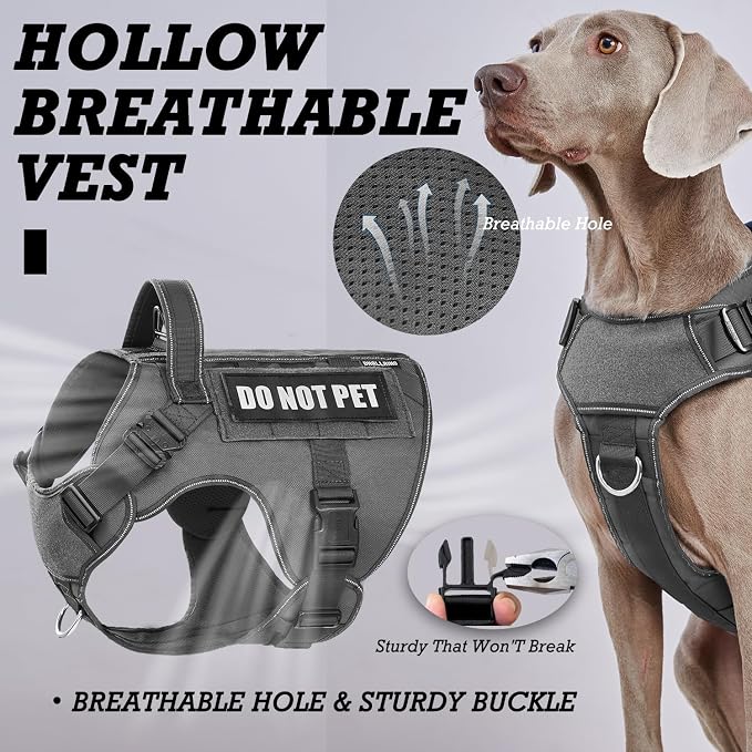 Tactical Dog Harness for Large Dogs, Heavy Duty Dog Harness with Handle, Adjustable Reflective Military German Shepherd Dog Vest Harness with Do Not Pet Patches for Hiking Training Grey