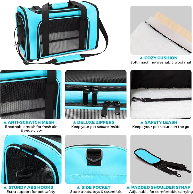 Soft-Sided Cat Carrier Expandable Pet Carrier Airline Approved Mesh Travel Carrier Up to 15lbs for Cats Small Dogs Collapsible Escape-Proof with Shoulder Strap Washable (18x11x11 Blue)