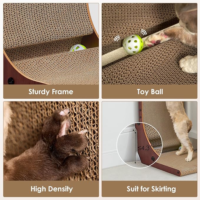 EHEYCIGA Cardboard Cat Scratcher for Indoor Kitten Cats, 19 Inch L Shaped Vertical Cat Scratching Board with Ball Cat Toy, Small Cat Scratcher Pad, Dark Brown