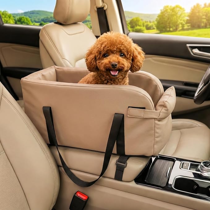 Center Console Dog Car Seat, Waterproof Small Puppy Carrier | Waterproof Faux Leather, for Dogs Under 9 lbs, 2-in-1 Console Dog Car Seat & Carrier, Sturdy Cushioned, Anti-Collapse Walls